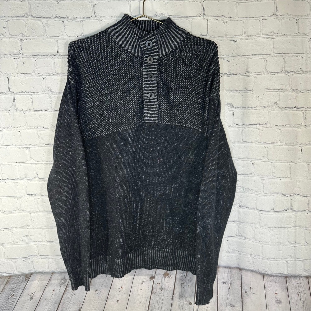 BKE Mens Gray Black Marled Knit Button Mock Neck Cotton Sweater Large B5066